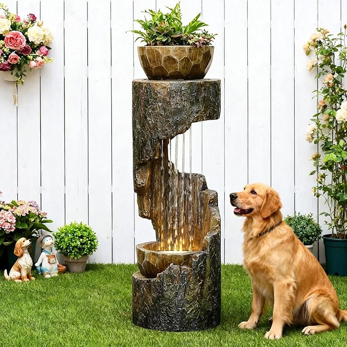 Sunlinua Outdoor Water Fountain with LED Light, Modern Spiral Tiered Outdoor Fountain with Stone Planter Curved Freestanding Waterfall Fountains for Garden Patio Deck Porch
