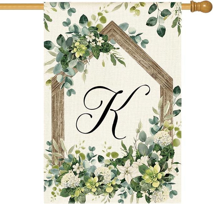 AVOIN colorlife Initial Letter K Monogram House Flag 28x40 Inch Double Sided Outside, Spring Floral Family Last Name Yard Decoration