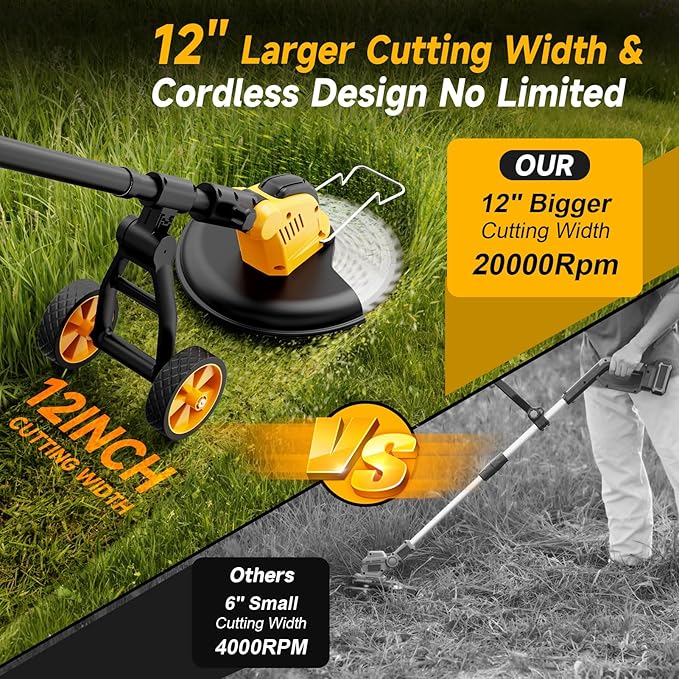 4-in-1 Electric Weed Wacker Cordless Edger Trimmer Brush Cutter, 20000RPM Weed Eater Battery Powered, Heavy Duty/Weed Trimmer/Lawn Mower W/Wheel Metal Blade, 2 Battery Garden