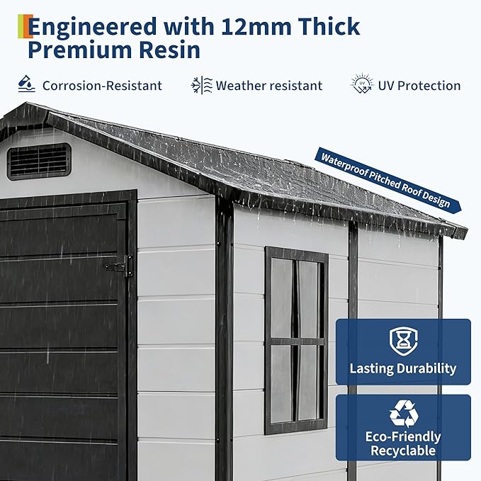 Outdoor Storage Shed with Floor, Plastic Resin Garden Shed with Window & Sloping Roof & Lockable Door for Patio Backyard Garden, Lawn Mower, Bike, Tool Storage (Grayish White + Black, 4' x 6')