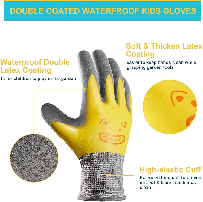 COOLJOB Double Coated Kids Gardening Gloves with Grip, Non-Slip Waterproof Rubber Work Gloves for Boys and Girls Ages 2-4, Anti-slip Durable and Super Soft, Blue & Yellow, 2 Pairs, Small