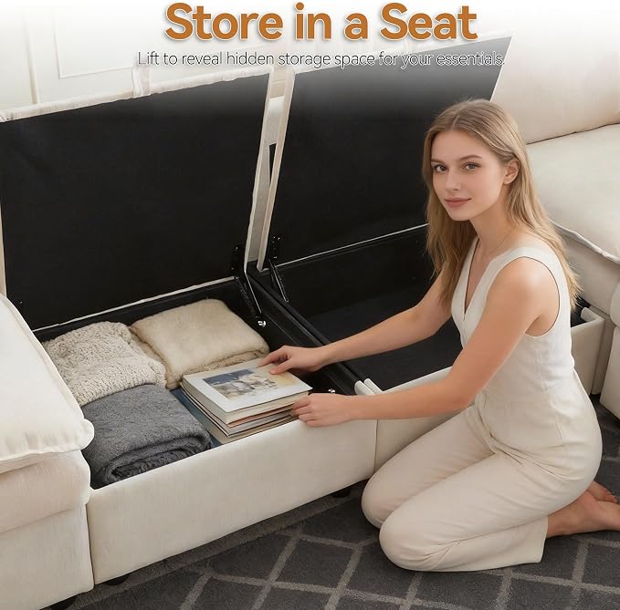 80" Storage Modular Sectional Couch, Cloud Deep Seat 3-Seater Sofa with Chenille Upholstery, Comfy Modern Cloud Couches with Hidden Storage for Living Room, Apartment, Spacious Beige