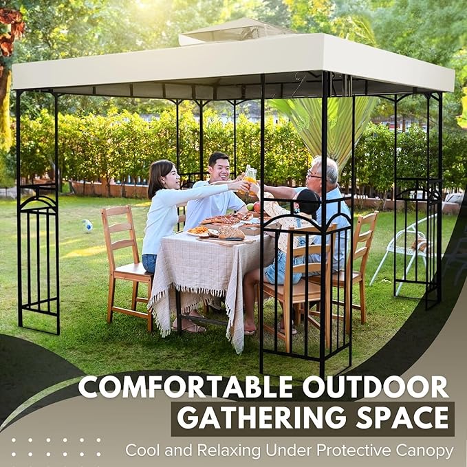 Flexzion Gazebo Cover Replacement Canopy Top 8x8 Ft (2.4m x 2.4m) - Double Tier Top Canopy Cover Replacement with UV30+, Dirt, Water Resistant for Outdoor, Sunshade, Garden, Patio, Pavilion (Ivory)