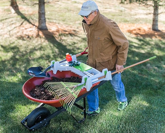 The Burro Buddy, USA Made Lawn/Garden Tray for All 4-6 cu. ft. wheelbarrows. Holds rake, Shovel, Short Handle Tools, Drinks & Water Tight Storage for Phone. Wheelbarrow not Included. Great Gift!