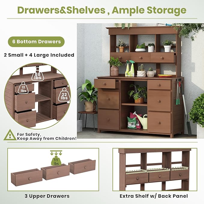 RUNNA Garden Potting Bench Table, Rustic and Sleek Design Wood Outdoor Garden Work Bench with Multiple Drawers and Shelves for Storage,Patio Workstation for Garden, Patio, and Backyard (Brown#018)