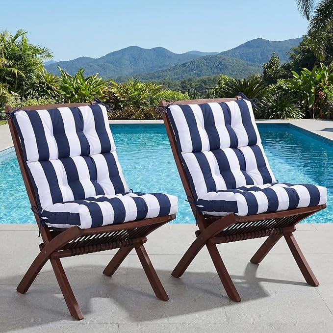 Hoteam 2 Pcs High Back Chair Cushions Set - 44'' x 21'' Indoor Outdoor Waterproof Soft Thicken Stripes Replaceable Cushion for Garden Summer Rocking Chair, Patio Furniture (Navy Blue Stripes)