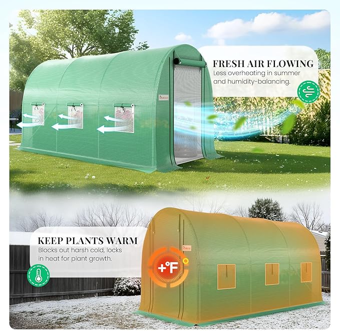 KING BIRD Premium 10x7x7 FT Greenhouse for Outdoors, Large Walk-in Heavy Duty Galvanized Steel Frame, Mesh Door Screen Window Tunnel Hoop Garden Plant Winter Hot House with Irrigation Kit, Green