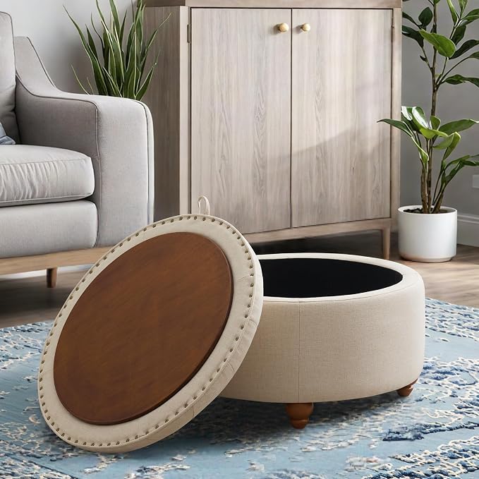 30'' Round Ottoman Coffee Table with Storage, Upholstered Tufted Ottoman with Flip Tray, Solid Wood Legs for Living Room, Bedroom, Khaki