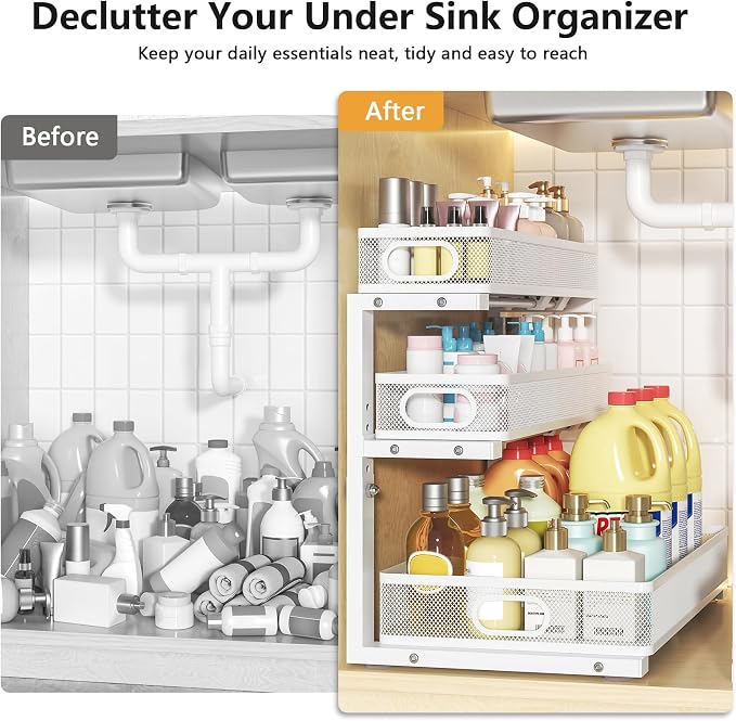 3-Tier Under Sink Organizer, Slide Out Drawer Rack, White, 2 Pack | for Bathroom, Kitchen, Pantry, Laundry & Home Organization and Storage