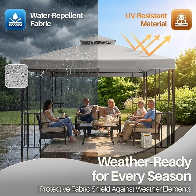Flexzion Gazebo Cover Replacement Canopy Top 10x10 Ft (3m x 3m) - Double Tier Top Canopy Cover Replacement with UV30+, Dirt, Water Resistant for Outdoor, Sunshade, Garden, Patio, Pavilion (Gray)