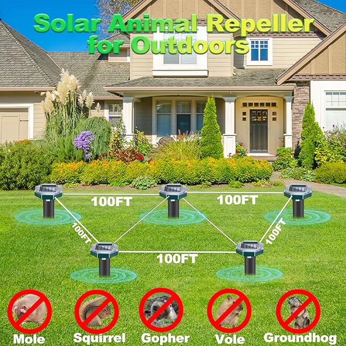 10 Pack Mole Repellent Solar Powered Snake Repellent for Yard- Ultrasonic Pest Repeller Gopher Rodent Rat Mouse Groundhog Skunk Chipmunk Vole Remover for Lawns Garden Yard Outside(10)