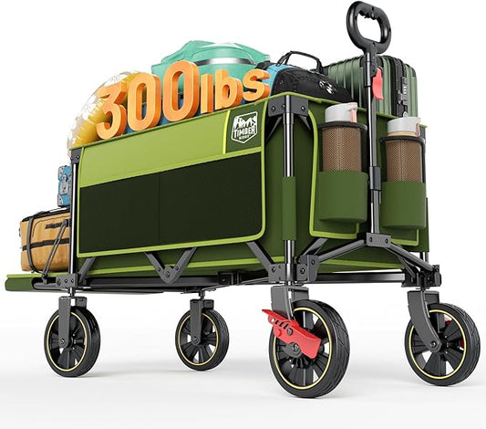 TIMBER RIDGE 49" Extra Long Collapsible Folding Wagon with Tailgate and Brakes, 300lbs Heavy Duty Wagon Carts Foldable, 250L Capacity Portable Cart for Dogs, Garden, Outdoor Camping Sports, Green