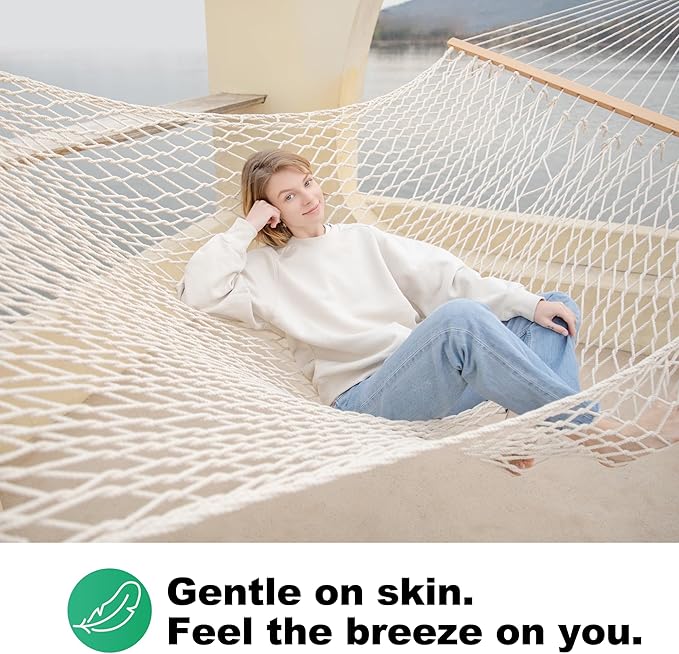 Gafete Rope Hammock 2 Person Traditional Hand Woven Outdoor Cotton Hammocks with Hardwood Spreader Bar, Max 450 lbs Capacity (Natural Beige, Large)