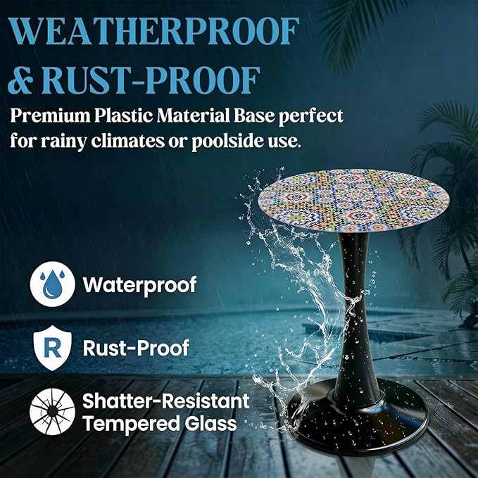 Simmer Stone 13.4" Outdoor Side Table, Round Patio Bistro Table Printed Tempered Glass Top, Waterproof Rust-Proof Base, Small Plant Stand for Balcony, Garden, Deck, 21.6" H (Morocco)