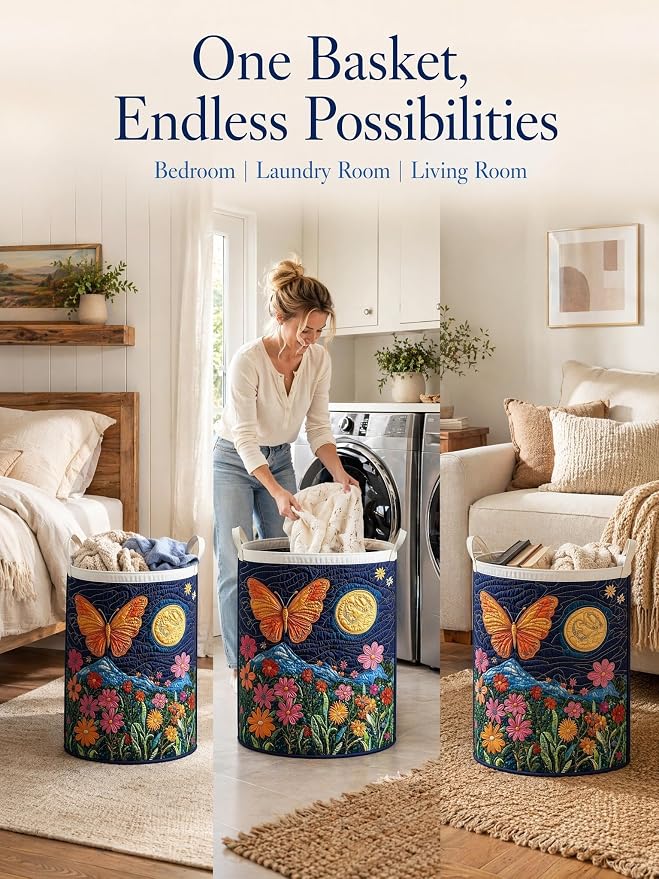 Quilted Laundry Basket with Handles, Boho Floral Quilted Storage Hamper, Large Capacity Laundry Hamper for Nursery Bedroom Laundry Room Home Decor (Pattern 04, Medium (22"H x 16"W x 16"L))