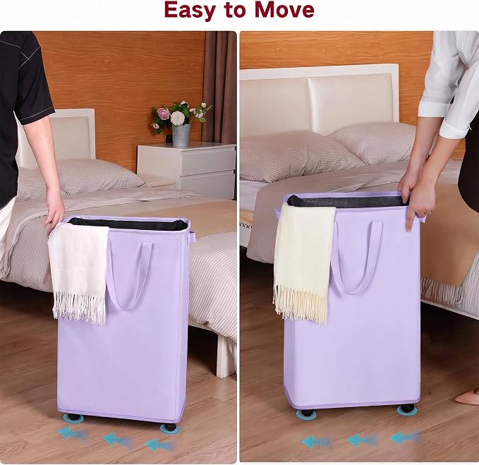 efluky Slim Laundry Hamper with Wheels, Rolling Laundry Basket for Clothes, Small Laundry Basket for Bedroom, Dorm and Laundry Room, 75L (19.8 Gallons) Purple