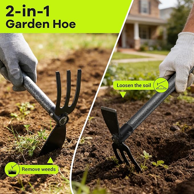 Hoe Garden Tool, 30-75 Inch Adjustable Garden Hoe Long Handle for Weeding, 2 in 1 Heavy Duty Hoe Cultivator Hand Garden Tools for Gardening Planting