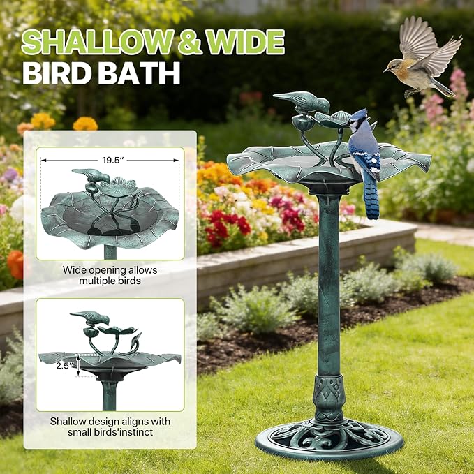 Magshion 35" Outdoor Bird Bath and Feeder for Outside, Pedestal Birdbath with Vintage Lotus Design, Durable Polypropylene Construction, Stunning Garden Accent for Lawn, Backyard & Patio, Green