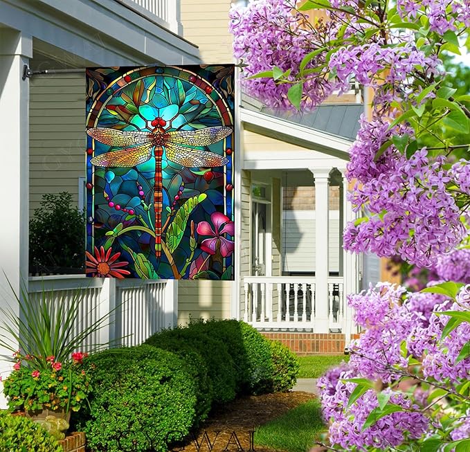 Stained Glass Spring Dragonfly House Flag 28x40 Inch Double Sided for Outside, Floral Large Burlap Yard Flag Seasonal Farmhouse Outside Outdoor Decor