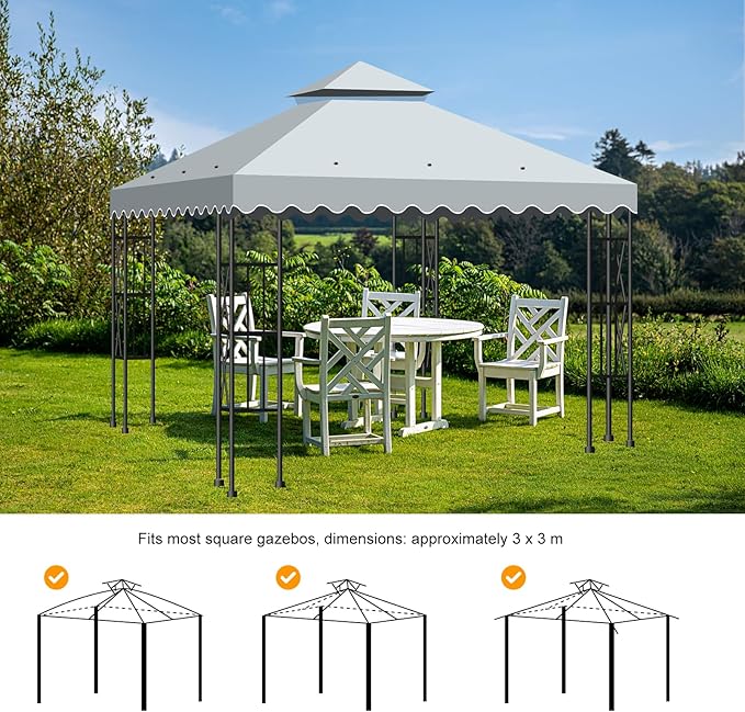 10x10 Double Tiered Gazebo Replacement Canopy, Upgraded 300D Polyester Heavy Duty Canopy Cover Top with Air Vent, Waterproof Gazebo Cover Roof for Outdoor Patio Garden(Grey, Wavy Edge)