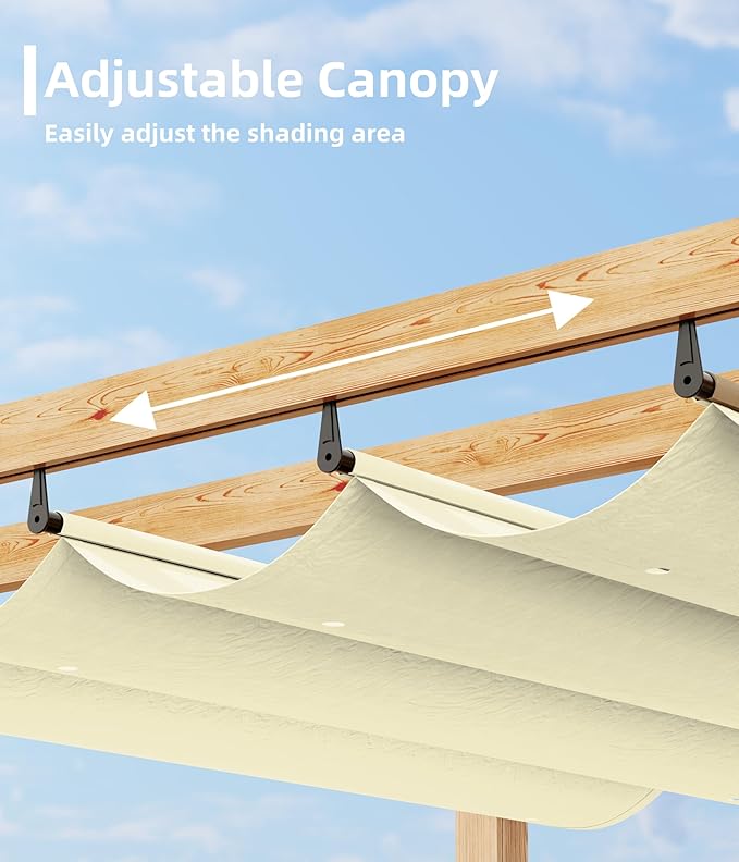 10' X 10' Outdoor Pergola with Retractable Canopy Aluminum Pergola Faux Wood Metal Pergolas Shelter for Backyard, Deck, Patio, Garden Porch Beach Sun Shade Pavilion Grape Trellis Grill, Beige