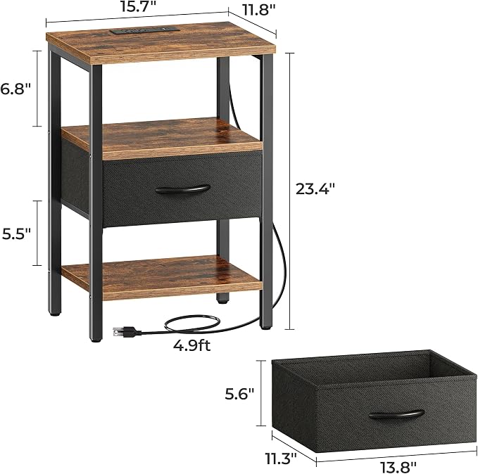 SUPERJARE Nightstand Set of 2 with Charging Station, USB-C Port, End Tables