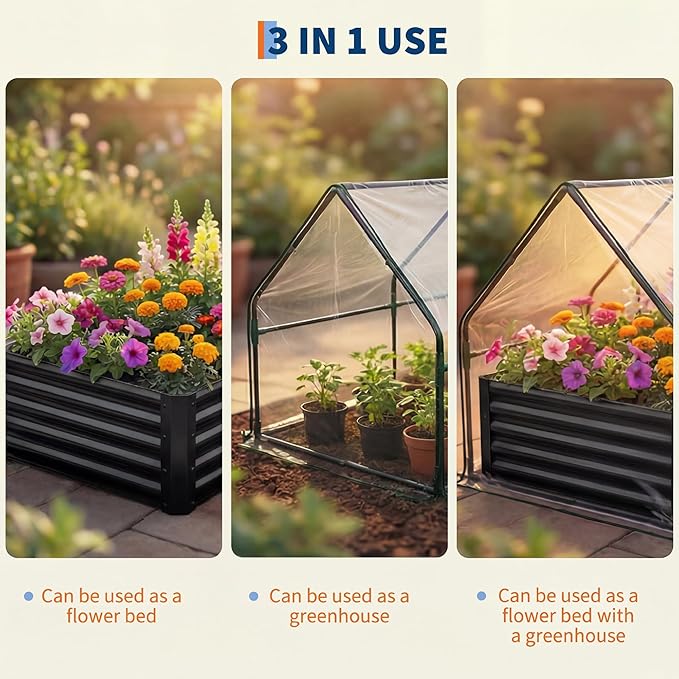 Raised Garden Bed with Cover, 8x4x1 Ft Raised Garden Beds Outdoor Galvanized Metal Planter Box with 2 Screen Windows, Mini Greenhouse for Vegetables and Flowers