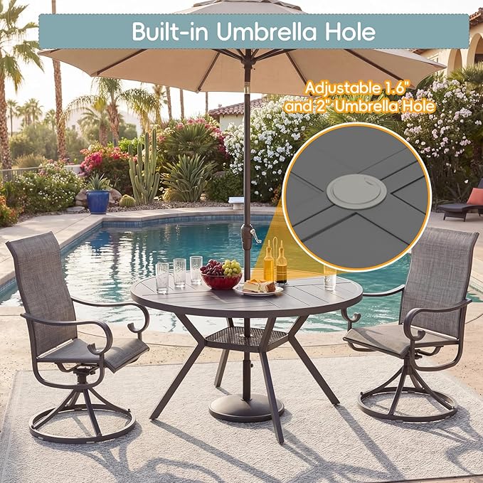 47" Outdoor Patio Table Dining Table, All Weather Metal Round Patio Table with Adjustable Umbrella Hole, Patio Furniture for Lawn Garden Backyard, Grey