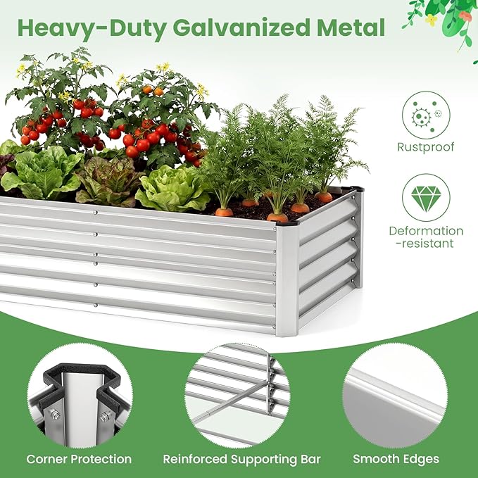 HAPPYGRILL 4 x 2 x 3 FT Galvanized Raised Garden Bed with Cover, Metal Elevated Planter Box with Dual Roll-up Windows for Vegetables Herbs Flowers, Mini Greenhouse for Outdoor Patio Balcony (Sliver)