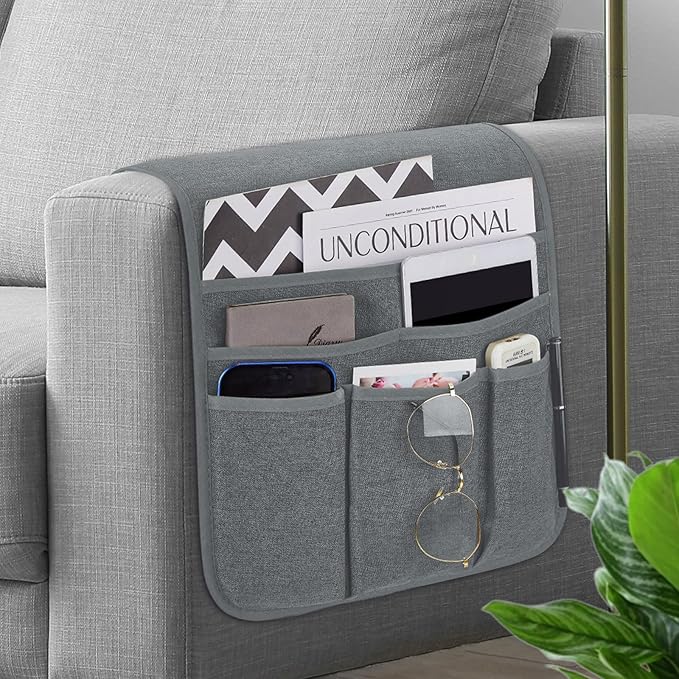 Teniux Remote Control Holder GRS Certified Armchair Caddy for Recliner Couch, Recycled Material Non-Slip Armrest Organizer with 5 Pockets for Magazine, Tablet, Phone, iPad (Silver Grey)