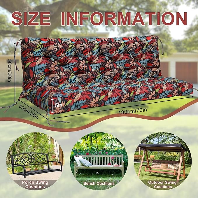Premium 5" Thick Waterproof Outdoor Swing Cushions Sturdy Durable 3 Seat Replacement Porch Swing Cushions with Backrest&Ties Bench Cushion for Outdoor Furniture Backyard Patio (Flower01)