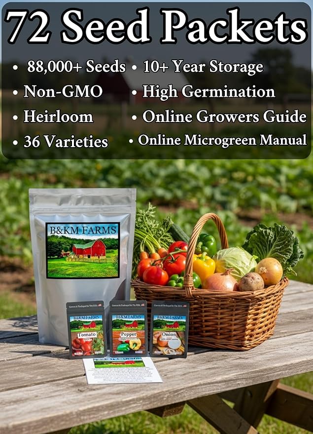 B&KM Farms Vegetable Seed Collection - 36 Varieties, 72 Packets, 80,000+ Heirloom Non-GMO Seeds, Resealable Storage Packaging(72 Pack: The Homestead Collection)
