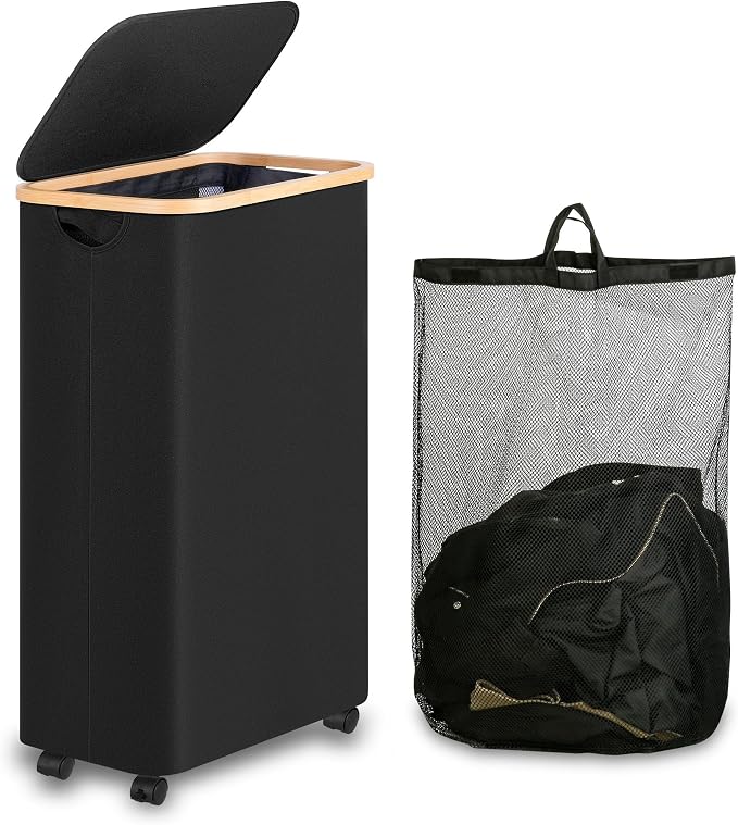IEGrow Laundry Hamper with Wheels, 75L Laundry Basket with Bag,Black