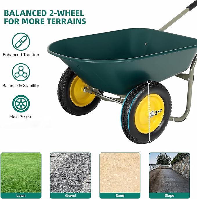 Autodaya Dual-Wheel Garden Cart, 14" Pneumatic Tires & Built-in Stand, 4.5 Cu Ft Utility Yard Wheelbarrow for Gardening, Soil, Construction, Easy Assembly