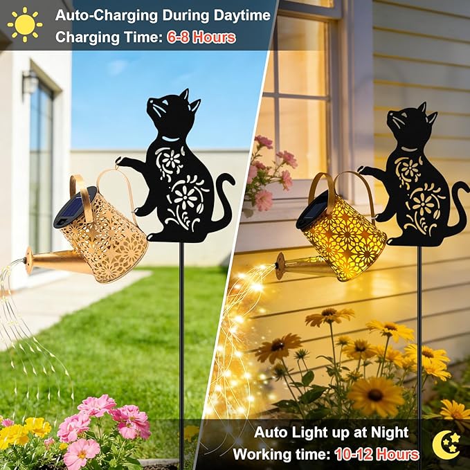 VOOKRY Solar Watering Can Lights Outdoor with Cat Silhouette Stake, Garden Gifts for Mom, Women & Garden Lovers Waterproof Metal Garden Lantern, Decorative Yard Patio Lawn Pathway Decor(2 Pack)