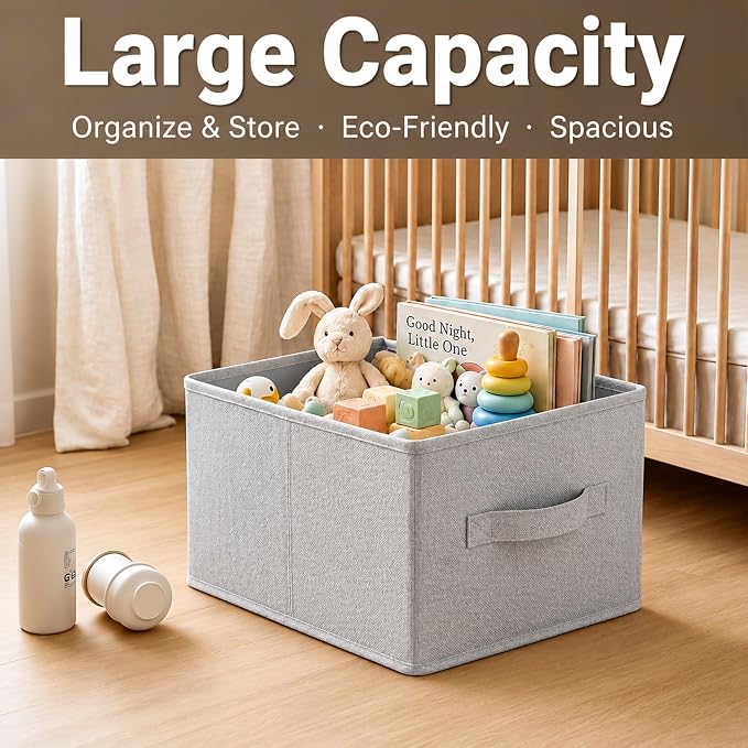 LayerSpace 3 Pack Fabric Storage Bins for Shelves | 14.75x10.25x8.25 in Storage Baskets | Fabric Closet Organizers with Handles Home Organization | Linen Clothes Storage Bins | Light Gray | Thickened Rigid PP Panels, Cotton-linen Shelf Baskets, Measure...