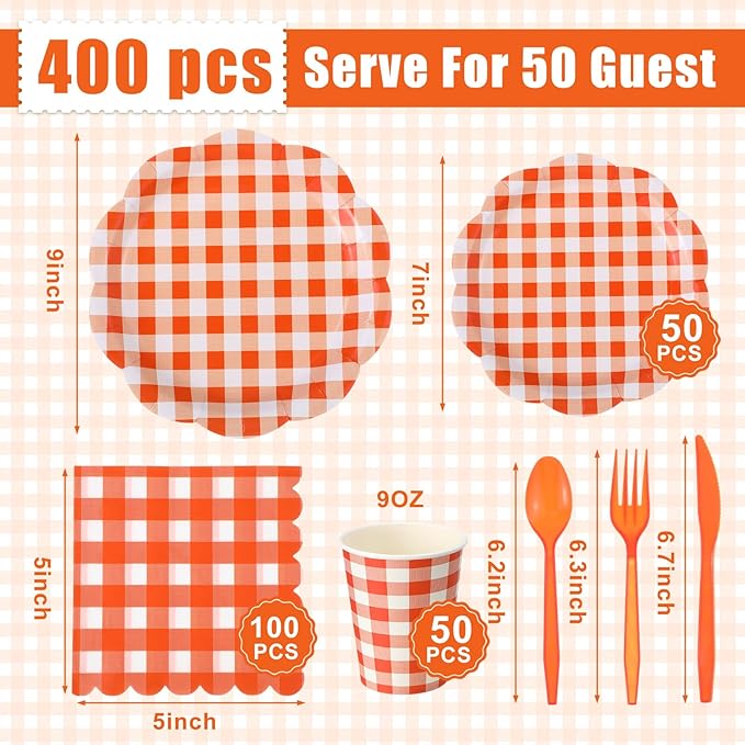 Funnymoom 400 Pcs Gingham Party Supplies for 50 Guests Orange and White Paper Plates and Napkins Knives Spoon Fork Cup Disposable Checkered Dinner Party Set Cutlery for Baby Shower Wedding Favor