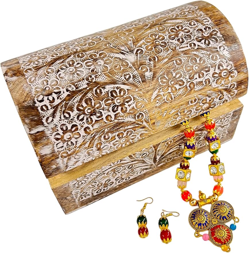 Premium Handmade Wooden Treasure Chest Decorative Trunk for Keepsakes Semicircular Curved Floral Jewellery Box Trinket Box Ladies Jewellery Storage Case Handcrafted Home Decor (White & Brown)
