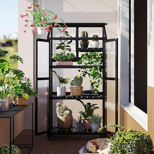 Mini 4-Tier Greenhouse with Locking Wheels, 62 Inch Height Portable Wooden Green House Cold Frame with Adjustable Shelves and Vent, Small Garden House for Outdoor Indoor, Black