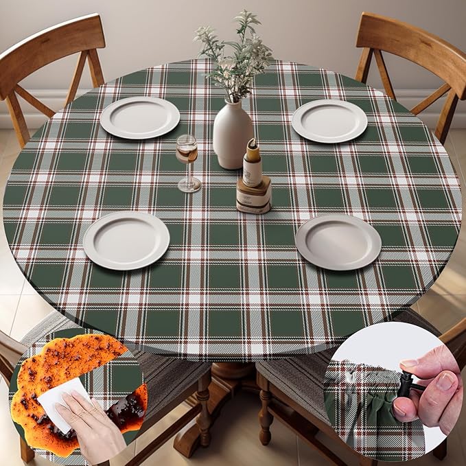 Fitted Round Tablecloth Waterproof Table Cloth Vinyl Indoor Outdoor Circle Cover for 36-44" Tables Dining Kitchen Apartment Home Party Gear Gifts Summer Fall Patio Picnic Camping Essentials