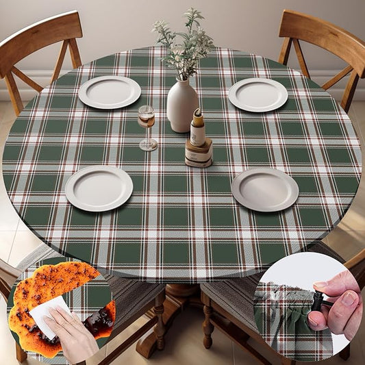 Fitted Round Tablecloth Waterproof Table Cloth Vinyl Indoor Outdoor Circle Cover for 36-44" Tables Dining Kitchen Apartment Home Party Gear Gifts Summer Fall Patio Picnic Camping Essentials