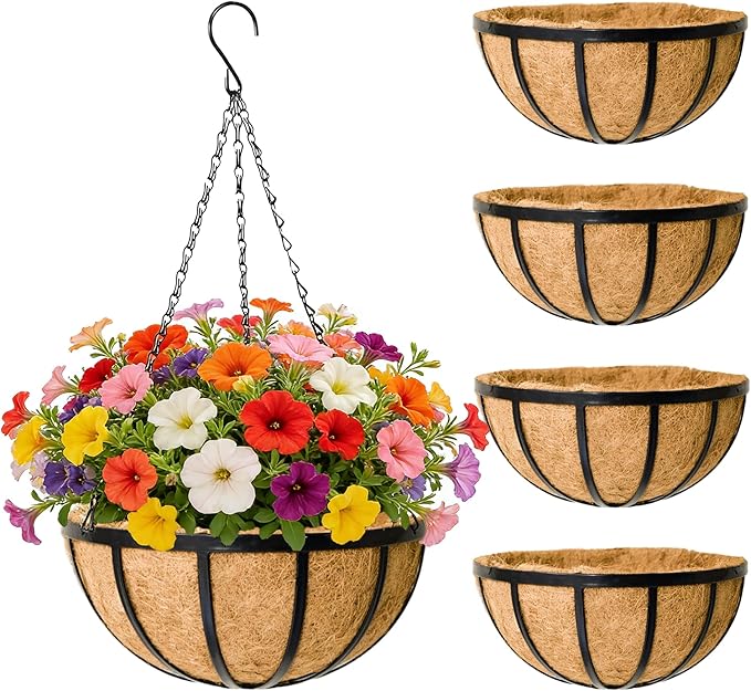 EIMQUVW 4 Pack Round Hanging Baskets 12 Inches Black Outdoor Metal Flower Pots with Coco Liner and Chain Heavy Duty Flat Iron Hanging Planters for Indoor Outdoor Gardens Decor