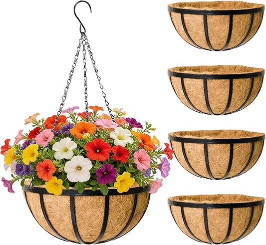 EIMQUVW 4 Pack Round Hanging Baskets 12 Inches Black Outdoor Metal Flower Pots with Coco Liner and Chain Heavy Duty Flat Iron Hanging Planters for Indoor Outdoor Gardens Decor