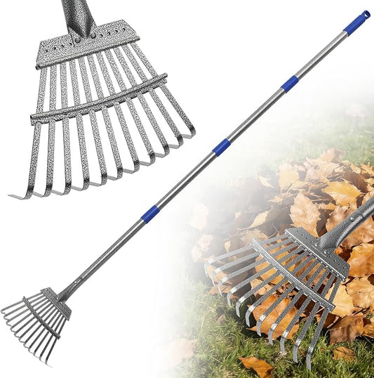 Garden Rake for Leaves, Heavy-Duty Small Metal Rake for Lawn, Yard, Garden Beds, Debris & Shrubs, 6 ft Adjustable Handle for Kids and Adults