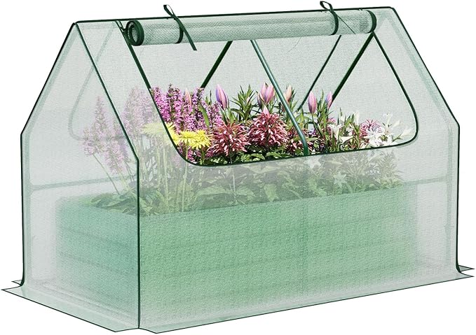 Aoodor Raised Garden Bed Kit, 4x2x1 FT Galvanized Planter Box with PE Cover, Screen Windows for Gardening, White