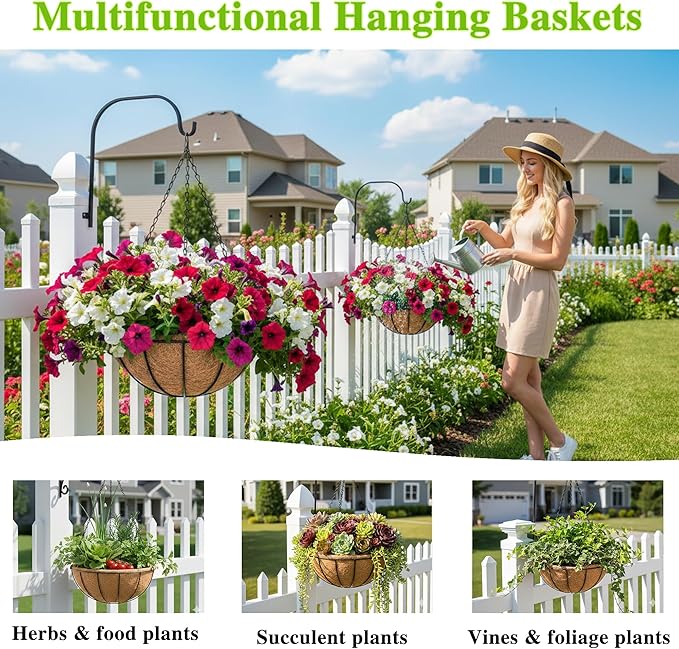 EIMQUVW Metal Hanging Planters Basket Set of 4 Hanging Flower Pots 10 Inch Chain Round Wire Plant Holder with Coco Coir Liner Garden Watering Hanging Baskets for Patio Garden Outdoor1
