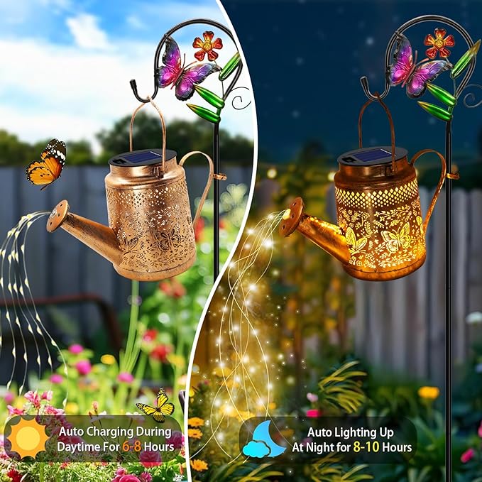 Solar Butterfly Watering Can Lights, Gifts for Mom Grandma Women Wife Daughter Mother's Day, Waterproof Hanging Lantern Lights with Shepherd Hook, Outdoor Decor for Garden Patio Yard Porch Backyard