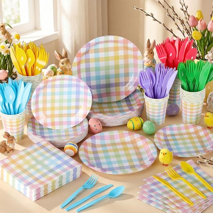 Funnymoom 400 Pcs Pastel Gingham Party Supplies for 50 Guests Pastel Pink Blue Yellow Checked Paper Plates and Napkins Cups Disposable Dinner Parties Set Cutlery for Holiday Spring Party Favor