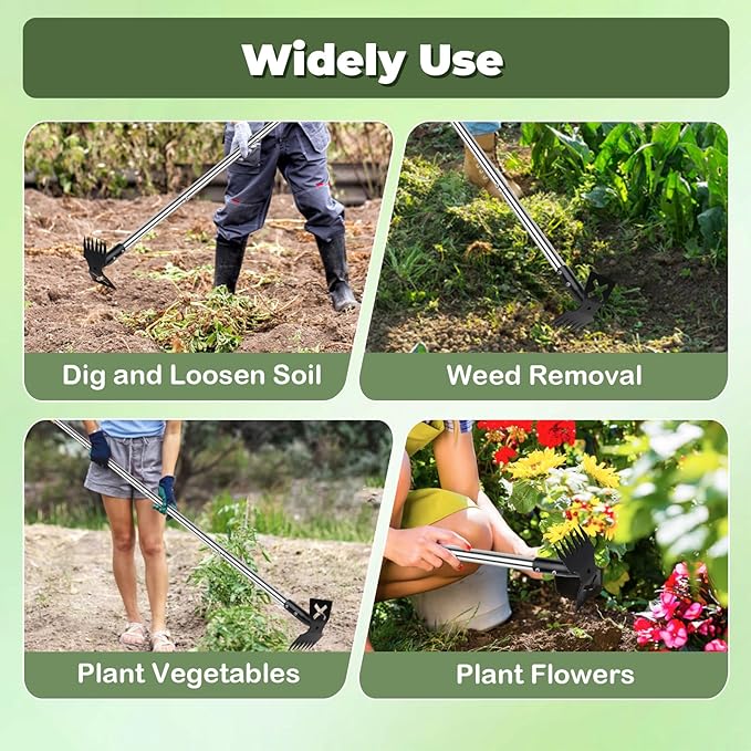 NICOFPHY Weed Puller Tool with Long Handle, 60" Manual Weeding Tools Gardening, 2 in 1 Hand Weed Rake and Hoe Garden Weeder Tool, Uprooting Pulling Weed Remover Tool for Yard, Patio, Lawn and Garden
