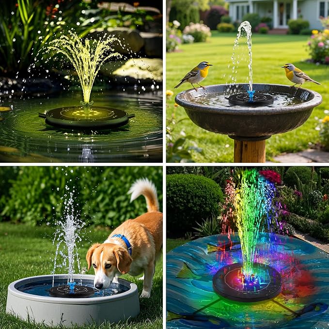 SEIRMEP Solar Fountain Pump with 3 Spray Height Adjustments, Upgraded Glass Solar Bird Bath Fountains with LED Lights,6 Nozzles,Outdoor Solar Water Fountain for Bird Bath, Garden, Pool, Pond (Blue)